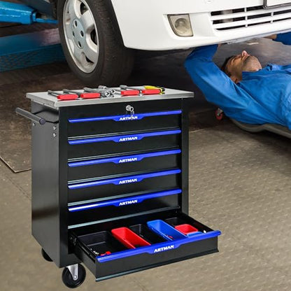 6 Drawer Heavy Duty Rolling Tool Chest, Mobile Metal Lockable Tool Cart with Stainless Steel Worktop, Garage Tool Storage Cabinet for Workshop Auto Repair, Black & Blue, 30.7" H × 25.9" W - size: 6 Drawers