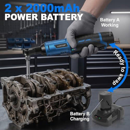 LUXTER Cordless Electric Ratchet Wrench Set, 3/8", 45Ft-lbs High Torque, 12V Compact Power Ratchet, with 2 Packs 2000mAh Lithium-Ion Battery, 10 Sockets & Extension Bar, Variable Speed Trigger