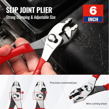 WORKPRO Pliers Set, 3-Piece Plier Tool Set with Soft Handle | 6" Needle Nose, 6" Slip Joint, 8" Groove Joint Plier for DIY & Home Use - color: Red
