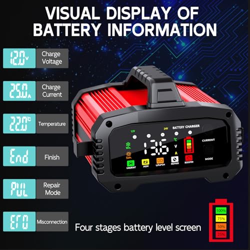 Battery Charger 25A Smart Trickle Charger Maintainer 12V/24V LiFePO4 | Car battery charger Lead Acid Compatible with Temperature Compensation for Car Truck Motorcycle Lawn Mower Boat