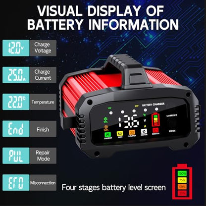 Battery Charger 25A Smart Trickle Charger Maintainer 12V/24V LiFePO4 | Car battery charger Lead Acid Compatible with Temperature Compensation for Car Truck Motorcycle Lawn Mower Boat