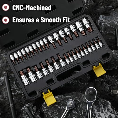Bates Choice Torx Bit Socket Set, 34 pcs Set with Case, T6-T70, 1/4", 1/2" & 3/8" Drive, Solid and Tamper Proof Star Bit Socket Set