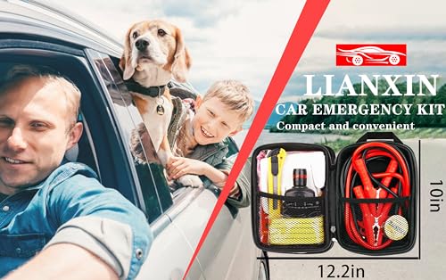 Car Emergency Kit with Battery Jumper Cables Headlamp Car Safety Kits | LIANXIN Roadside Emergency Kit Tow Straps, Art Knife, Gloves, Breakdowns Gifts for New Drivers and Teenagers - color: Gray
