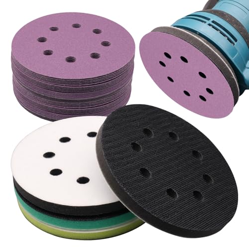 5 Inch 8 Hole Orbital Sander Foam Pads and Sanding Discs Hook and Loop | 4PCS Interface Pads & 20PCS Sandpaper (80 120 240 320 Grits), Soft & Hard Cushion Sponge Buffer Backing Pad for Sander - color: 4PC Pads & 20PC Sanding Discs