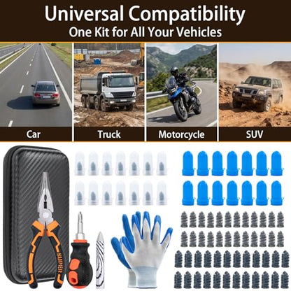 100PCS Tire Repair Kit, No Tire Removal Needed, Heavy Duty Tire Plug Kit with Tire Patch, Screwdriver & Pliers, Portable Tubeless Tire Repair Tool Set for Car, Truck, Motorcycle, SUV