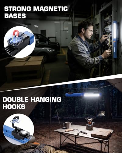 EverBrite 1000LM Magnetic Work Light, Rechargeable LED Mechanic Light with Dual Magnetic Bases & 360° Hanging Hooks, 4 Modes Under Hood Work Light for Car Repair, Garage, Emergency, 1 Pack Blue - color: Blue