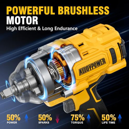 ALLOYPOWER Cordless Brushless Impact Wrench, 1475 ft-lbs (2000N.m), 1/2 High Torque power impact gun, 3-Mode Speed, 2*4000mAh Battery, 3 Sockets, Electric Impact Wrench Set for Car Tire Truck RV Mower - style: 1475Ft-lbs /2x Battery