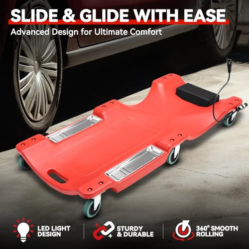 Auto Dynasty 40 Inches Mechanic Creeper, Automotive Garage Repair Low Profile Under Car Rolling Creeper with LED Light and Padded Headrest, Plastic, Red - color: Red, size: 40" L (w/LED Light)