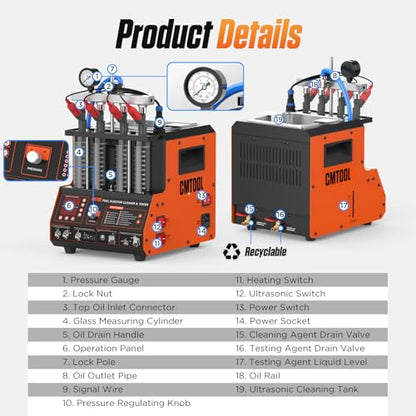 CMTOOL Ultrasonic Fuel Injector Cleaner Tester Machine 12 Functions with 45℃ Heating Cleaning Fluid 110V Fuel System Injection Cleaning Kit for 4 Cylinder Diesel Gasoline Car Motorcycle (Orange Pro)