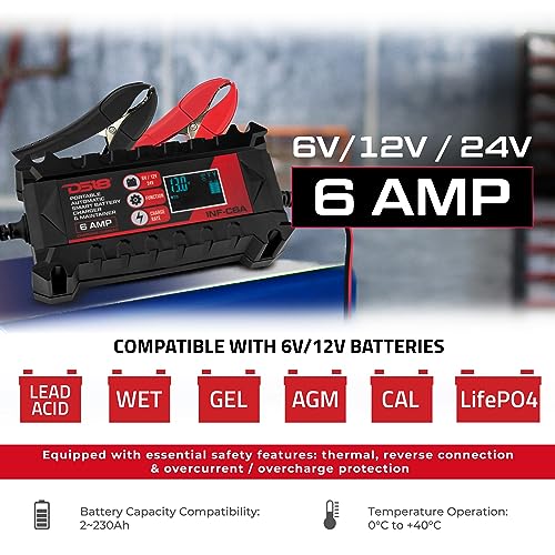 DS18 INF-C6A 6V/12V Car Battery Charger, Portable Automatic Smart Lithium and AGM Battery Trickle Charger & Maintainer 6A for Car Truck Motorcycle Lawn Mower Boat Marine Lead Acid Batteries