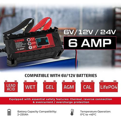 DS18 INF-C6A 6V/12V Car Battery Charger, Portable Automatic Smart Lithium and AGM Battery Trickle Charger & Maintainer 6A for Car Truck Motorcycle Lawn Mower Boat Marine Lead Acid Batteries