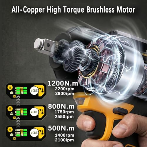 1/2" Cordless Impact Wrench, 1200N·m Brushless, Bare Tool | 900Ft-lbs, 4-Speed Dual LED, Works with Dewalt 20V Battery, All-Metal Gearbox - style: 1/2 for Dewalt Battery