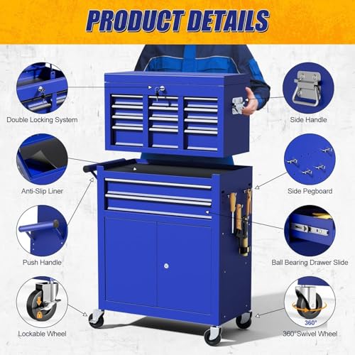10-Drawer Rolling Tool Chest with Wheels, Rolling Tool Chest Heavy Duty, 2 in 1 Lockable Tool Box with Drawers, High-Capacity Mechanic Tool Organizer, Adjustable Shelf & Detachable Top Cabinet - color: Blue
