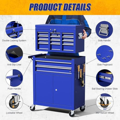 10-Drawer Rolling Tool Chest with Wheels, Rolling Tool Chest Heavy Duty, 2 in 1 Lockable Tool Box with Drawers, High-Capacity Mechanic Tool Organizer, Adjustable Shelf & Detachable Top Cabinet - color: Blue