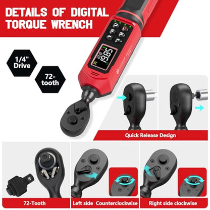 SUERCUP 1/4" Digital Torque Wrench, 0.33-22.1Ft.Lb/0.45-30N.m, for Bicycle | ±1% Accuracy Electronic Torque Wrench with Vibration/Buzzer/LED Flash, 9 Presets & 5 Units, for Carbon Bike & Moto Assembly - size: 1/4" 0.33-22.1Ft.Lb/0.45-30N.m