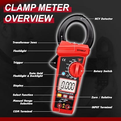 DIYSELF 6000 Counts Digital Clamp Meter, True RMS AC/DC Voltage Tester, Amp Meter Capacitance Meter, Resistance Continuity Tester, Professional Multimeter with Test Leads Pouch and Batteries