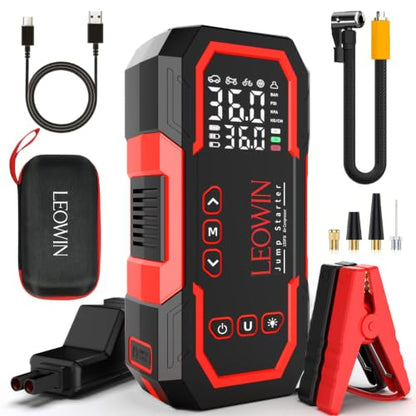 LEOWIN Jump Starter with Air Compressor Portable, Red | 4500A 12V Car Battery Jumper Starter (9.0 Gas/6.5L Diesel) with 150PSI Tire Inflator, with Smart Jumper Cables, LED Light - color: Red