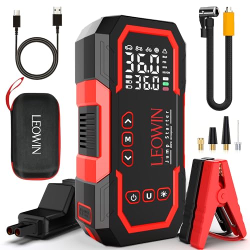 LEOWIN Jump Starter with Air Compressor Portable, Red | 4500A 12V Car Battery Jumper Starter (9.0 Gas/6.5L Diesel) with 150PSI Tire Inflator, with Smart Jumper Cables, LED Light - color: Red