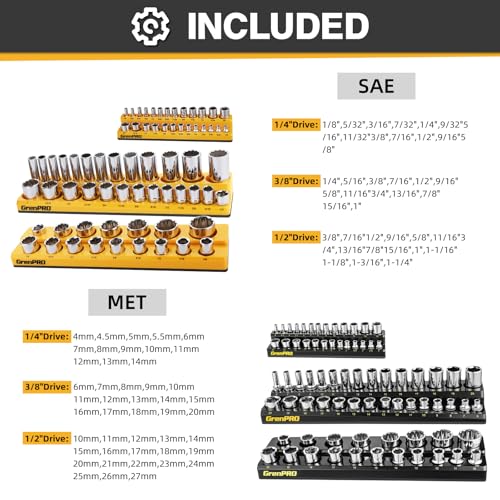 GRENPRO Socket Organizer for Tool Box Drawer, 6pc 143 Metric & SAE Magnetic Socket Holder, 1/4", 3/8", 1/2" Drive Socket Tray Set, Magnetic Socket Organizer - style: 6-Piece Magnetic Socket Holder