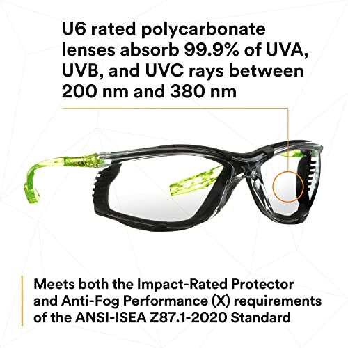 3M Safety Glasses Scotchgard Anti-Fog Coating - color: Clear Lens, Green/Black Frame With Foam Gasket, size: One size fits most
