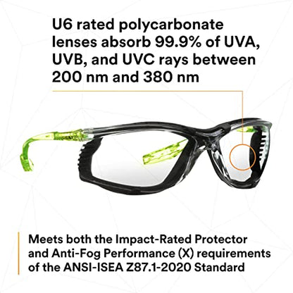 3M Safety Glasses Scotchgard Anti-Fog Coating - color: Clear Lens, Green/Black Frame With Foam Gasket, size: One size fits most