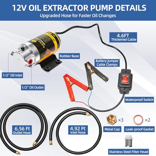 Electric Oil Extractor Pump 12V, 5.8L/Min High Flow Oil Change Pump with 5/8" ID Rubber Hose, Marine Engine Fluid Transfer Pump for Engine Oil, Gear Oil, Motor Oil, Transmission Fluid - color: C-Black Hose