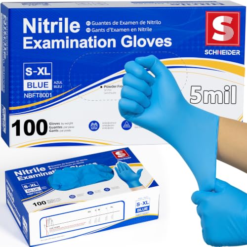 Schneider Nitrile Exam Gloves, 5 Mil, Medical Grade, Latex-Free, Powder-Free Disposable Gloves for Medical Exams, Food Safe, Cleaning and Food Prep, Blue, 100 Count, Medium - color: Blue (100), size: Medium