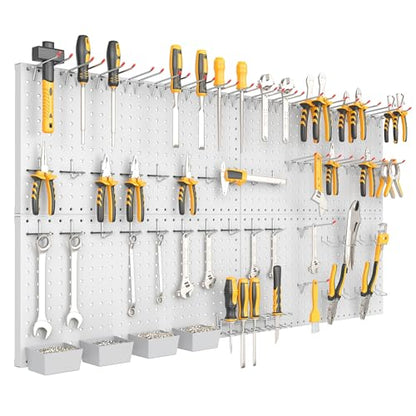 TORACK Garage Tools Organizer Boards Kit with Hooks, Modular Wall-Mounted Tool Storage Pegboard for Workbench(Gray, 4 Panels with Hooks)