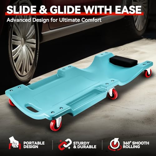 Auto Dynasty 36 Inches Mechanic Creeper, Automotive Garage Repair Low Profile Under Car Rolling Creeper with Padded Headrest, Plastic, Sky Blue - color: Sky Blue, size: 36" L
