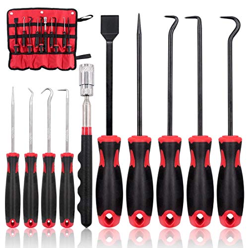 Swpeet 9Pcs Long Hook Set with Magnetic Telescoping Tool Kit, Precision Scraper Gasket Scraping Hose Removal Puller Hook Perfect for Automotive and Electronic Tools