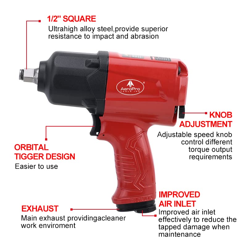 AEROPRO TOOLS 1/2-Inch Aluminum Air Impact Wrench(A398),Twin Hammer with 1380FT-LB Max Loosening Torque, Pneumatic Impact Gun, for Auto Repair, Tire Shop (Aluminum Housing) - style: 1380 ft-lbs | Aluminum Housing