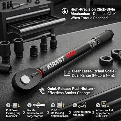 1/2" Drive Torque Wrench 8-168Ft.-Lb./10.9-227.9Nm, Two-way Adjustable 72-tooth Click Torque Wrench, Dual Scale, ±3% Accuracy Wrench, Suitable for Maintenance Bicycles, Cars and Trucks - size: 1/2" 8-168 ft.1b