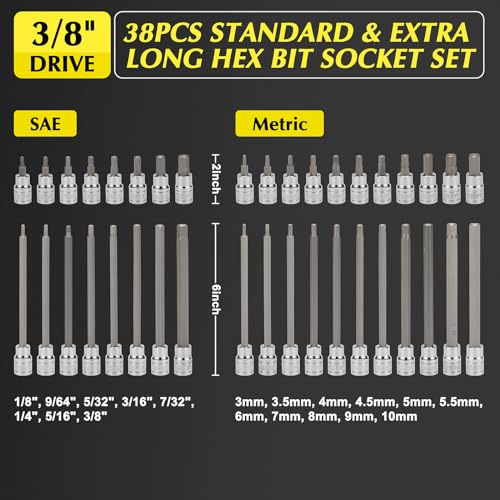 EMENTOL 38PCS 3/8" Drive Hex Bit Socket Set, CR-V, S2 Steel, SAE/Metric, Extra Long and Standard Allen Hex Bit Socket Set, 1/8 Inch - 3/8 Inch, 3mm - 10mm - size: 38 PCS (1/8 Inch - 3/8 Inch, 3mm - 10mm)