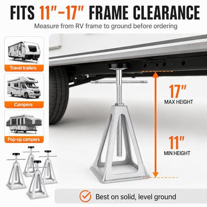 RV Stabilizer Jacks Set of 4, 7500 lbs Each Aluminum RV Stack Jacks, Adjustable 11"–17" Camper Stabilizer Jack Stands with Rubber Pads for Travel Trailers, Campers, Pop-Up Campers & Campsite Use