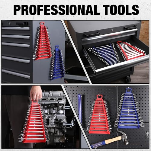 WORKPRO Magnetic Wrench Organizer, 15-Slot Gripper Wrench Holder | 2-Pack Wrench Rack for Tool Box, Fits SAE (1/4" to 1-1/16") and Metric (6mm to 27mm), Flexible Grips, Blue and Red - style: 15-Slots Wrench Organizer(2PC)