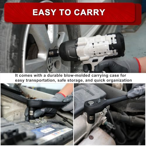 1/2" Drive Impact Socket Set, 23-Piece Shallow Socket, SAE (7/16 to 1-Inch) & Metric (13-24 mm) Sizes, Ratchet Handle, Adapter, CR-V Steel