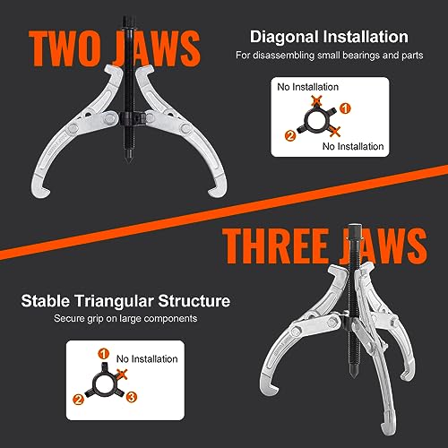 VEVOR Gear Puller Set, 3" 4" 6" 8" Puller Kit, 3 Jaw Gear Bearing Flywheel Pulley Removal Tool, 2 or 3 Reversible Jaws Wheel Puller, Vertically and Horizontally, External and Internal, 4-Piece