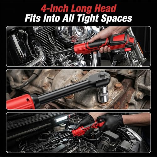 21V Cordless Electric Ratchet Wrench Set 3/8", 60 Ft-Lbs Torque, 400 RPM Variable Speed Power Ratchet with 2×2.0Ah Batteries, Extended Neck, 7 Sockets, 1/4" Adapter & Extension Bar