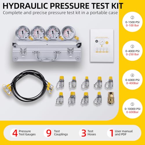 Hydraulic Pressure Test Kit with 4 Gauges (Max 10,000 PSI), 10 Test Couplings, 3 Test Hoses, Hydraulic Gauge Tester Set for Excavators, Construction Machinery, and Mining. - style: 4 Gauge Test Kit