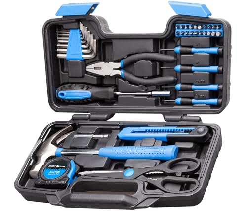 CARTMAN 39-Piece Household Tool Set, Blue Hand Kit With Storage Case | Complete assortment for home repairs, DIY projects, furniture setup, crafting, and daily household fixes in toolbox. - color: Blue