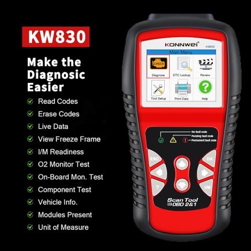 KONNWEI KW830 OBD2 Scanner Diagnostic Tool, Check Engine Light Reset, Live Data Stream, Emission Test, Battery Health Detection, Fault Code Reader, OBDII Scan Tool for for All Cars & Trucks After 1996