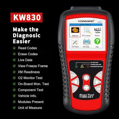 KONNWEI KW830 OBD2 Scanner Diagnostic Tool, Check Engine Light Reset, Live Data Stream, Emission Test, Battery Health Detection, Fault Code Reader, OBDII Scan Tool for for All Cars & Trucks After 1996