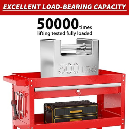 3-Tier Rolling Utility Cart, Metal Tool Cart on Wheels with Lockable-Red | 330 lb. Load Capability Heavy Duty Tool Cart with Drawers, Mechanic Tool Cart for Garage, Warehouse, Repair Shop - color: Red