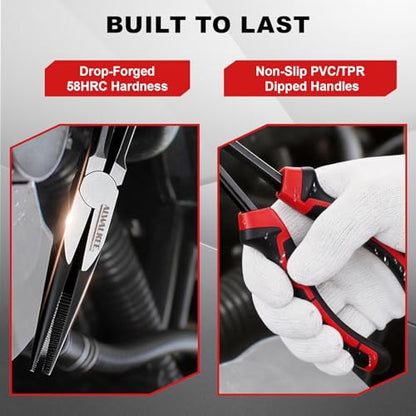 7-Piece 11" Long Reach Needle Nose Pliers Set | 7-Piece 11" long reach needle nose pliers set with 58HRC carbon steel, hose grippers, and case for tight engine spaces.