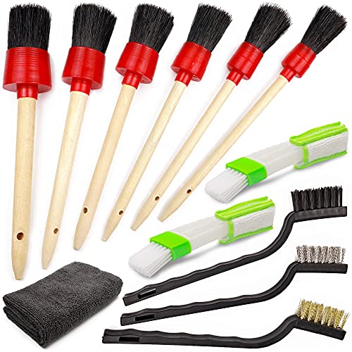 TAKAVU Car Detailing Kit, 12-Piece Set for Interior & Engine Bay Cleaning | Detail & Wire Brushes, Vent Duster & Microfiber Towel, Cleans Wheels, Motorcycles & Trim