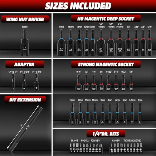 55PCS Magnetic Nut Driver Set, Metric & SAE Magnetic Impact Drill Driver Bit, Deep Nut Driver Set, Wing Nut Driver, 1/4" Quick Change, Heavy Duty Socket Adapters & Bit Extensions, Storage Box