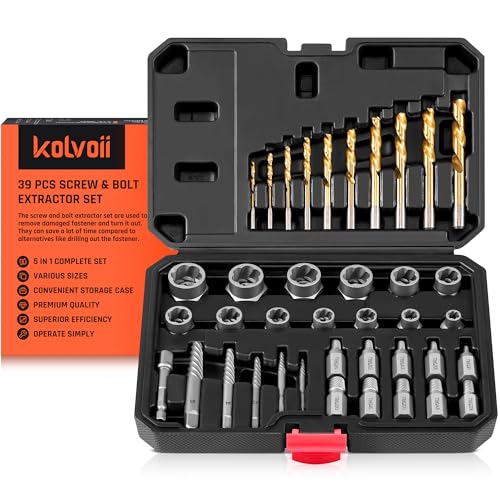 Kolvoii 39-Piece Easy Out Screw Extractor Set & Broken Bolt Extractor Kit | Left hand drill bit set and multi-spline extractors handle broken bolt removal, stripped screws and rounded fasteners - size: 39 PCS