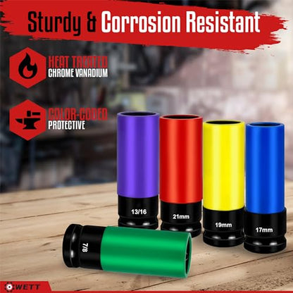 WETT 1/2-Inch Drive Lug Nut Socket Set, 5-Piece Wheel Protector Thin Wall Deep Impact Socket with Color-Coded Protective, (Metric 17mm, 19mm, 21mm & SAE 13/16" 7/8") CR-V Steel, 6 Point, Non-Marring - size: 5Pcs Metric & SAE
