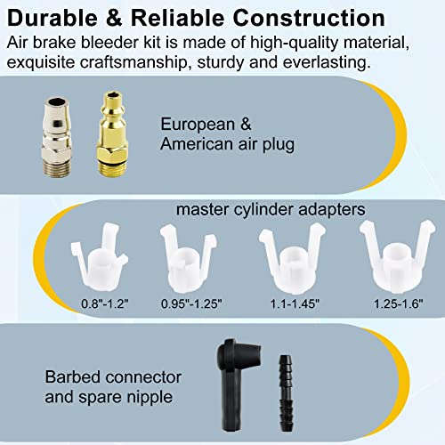 JoyFans 1L Capacity Pneumatic Brake Fluid Bleeder Extractor Tool Vacuum Brake Bleeder Kit with 90-120 PSI Master Cylinder Adapters Fluid Refill Bottle for Fluid Change on Motorcycle Car