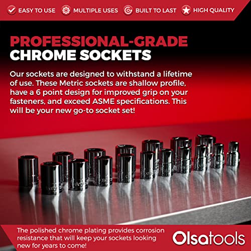 Olsa Tools Metric Shallow Socket Set - 1/2-Inch Drive, 18pc - 6-Point Chrome Sockets from 10mm–27mm and No Skipped Sizes - Mechanic Shallow Metric Socket Set - Professional Grade Sockets - Part: 1326 - color: Metric Shallow, size: 18pc, 1/2-Inch Drive